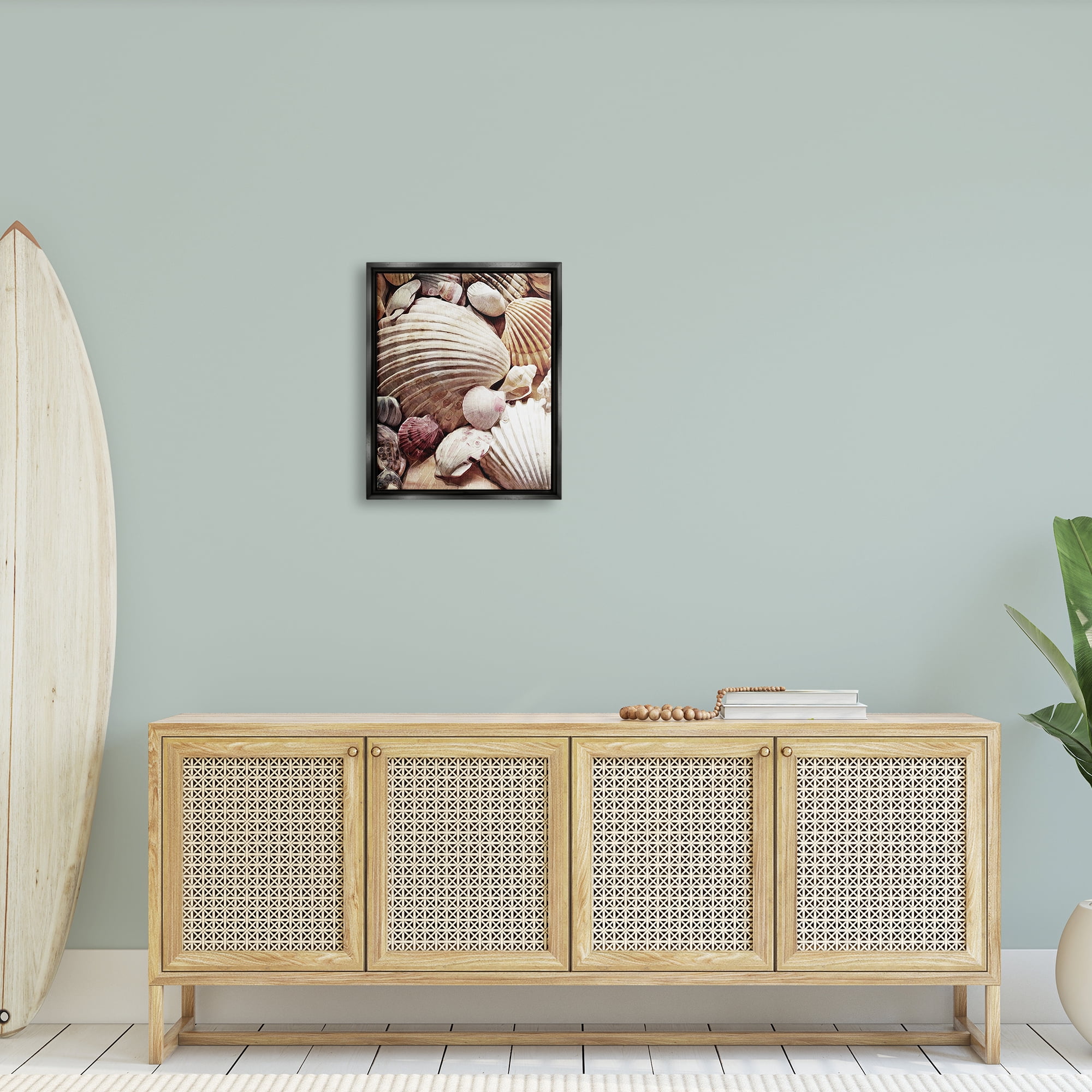 Stupell Various Nautical Clam Conch Shells Landscape Photography Black Floater Framed Art Print Wall Art