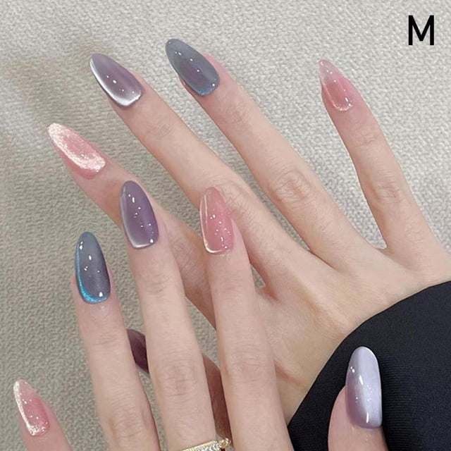 10pcs Purple Cat Eye Press On Nails Short Round Solid Color Fake Nails Tips Reusable Summer Nail Art Set
