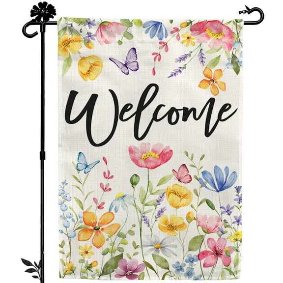 Floral Hello Spring Garden Flag 12x18 Inch Double-Sided, Outdoor Spring Decorations for Home & Porch & Yard, Small Burlap April Garden Flag for Outside, Farmhouse Welcome Flower Decor for Easter