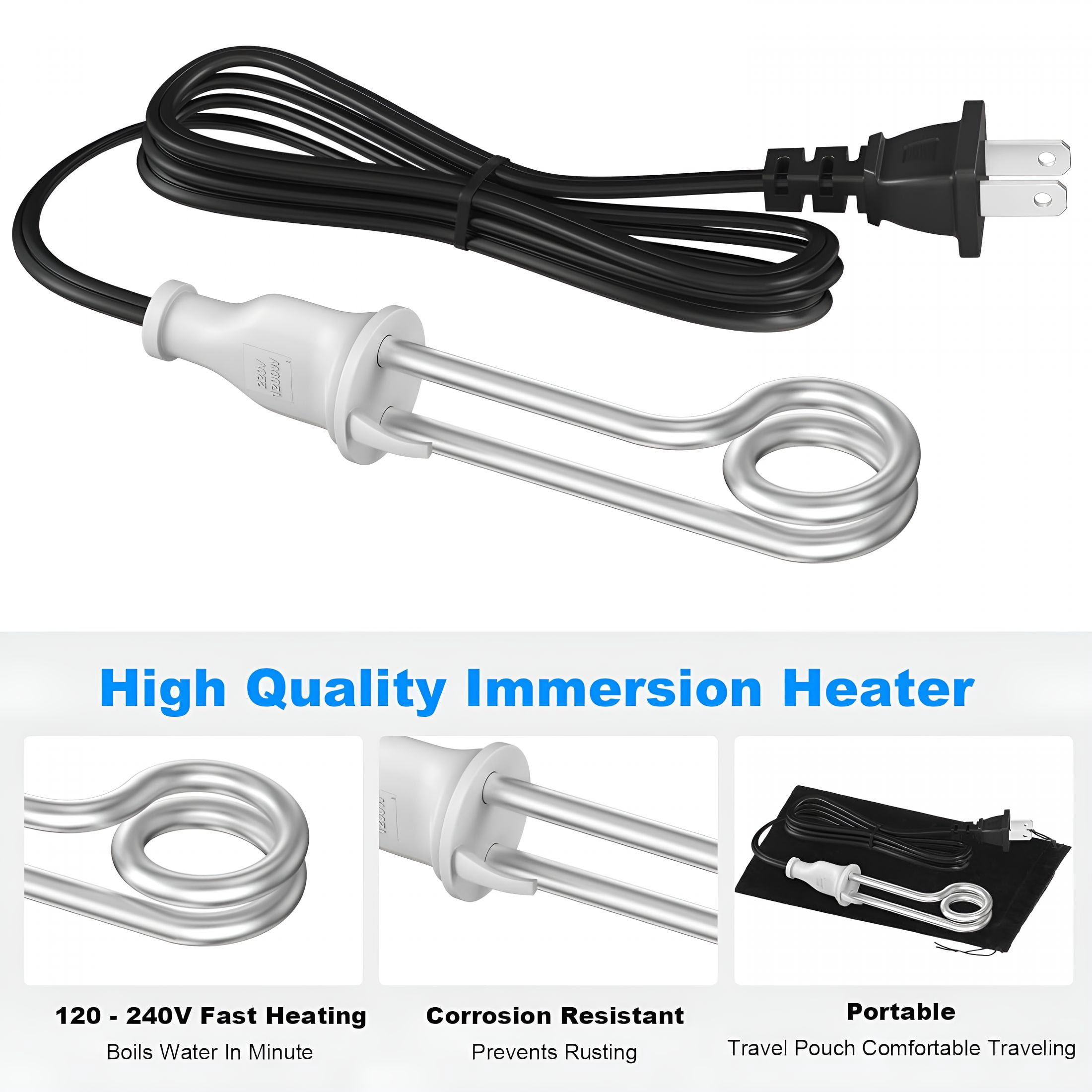 HIBIBUD Immersion Water Heater 300W 120/240V Portable Immersion Water Heater Element,Instant Immersion Cup Mug Heater Fit Camping Traveling Coffee/Tea/Soup Electric Water Portable Reheater