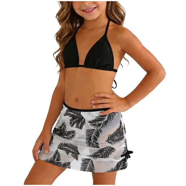 Akiihool Girls Bikini Girl's 3 Piece Bikni Set Ditsy Floral Halter Swimsuit with Cover Up Skirts (Black,9-10 Years)