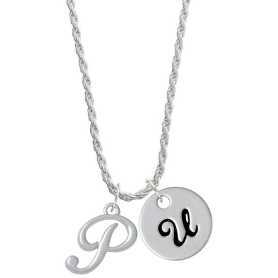 Delight Jewelry Silvertone Small Gelato Script Initial - P - Silvertone Script Initial Disc - U - Charm Necklace, 20"+3"