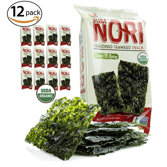 Organic Kimnori Seasoned Roasted Seaweed Snacks,  Sweet 'N Spicy - 4g X 12 Pack Net 1.69 oz (48g) Kim Nori - 12 Individual Packs 12 Pack