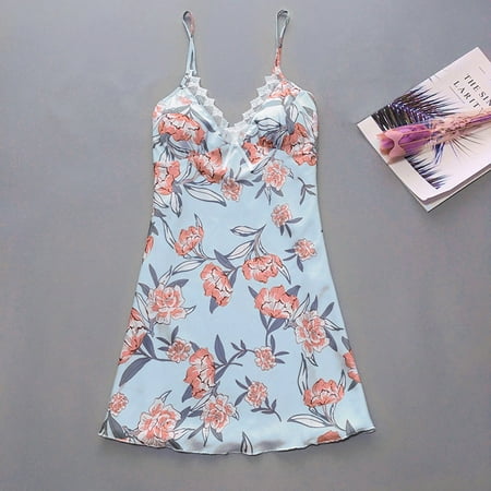 GZWYHT Silk Pajamas Clearance Nightgowns for Women Women Satin Flower Printint Silk Lingerie Bow Lace Pajamas Sleepwear Nightdress Lingerie for Women Babydoll Lingerie  Blue XL