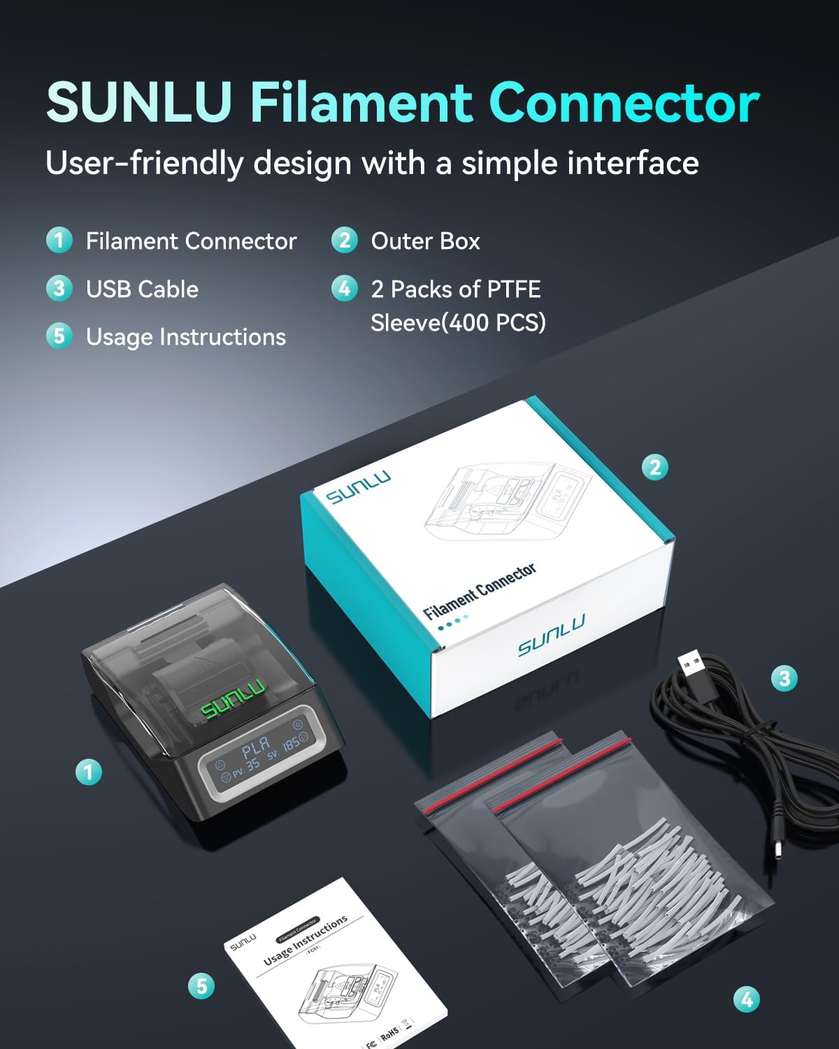 SUNLU Filament Connector, Filament Splicer with 200Pcs PTFE Sleeve for 3D Printer Filament 1.75mm, Fast Heating Up to 240°C, Compatible with PLA PETG TPU ABS PA Nylon PA