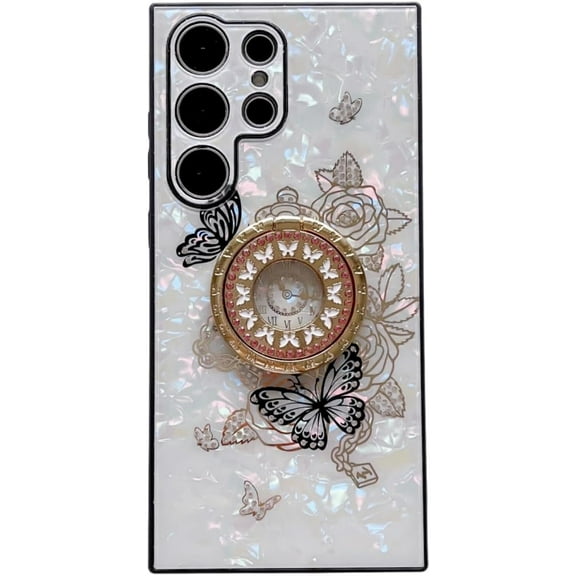 Case for Galaxy S24 Ultra,3D Butterfly Kickstand Bling Glitter Diamond Marble Ring Stand Shockproof Women Girls Rhinestone Phone Case for Samsung Galaxy S24 Ultra 5G,6.8" 2024 (HuaMei White)