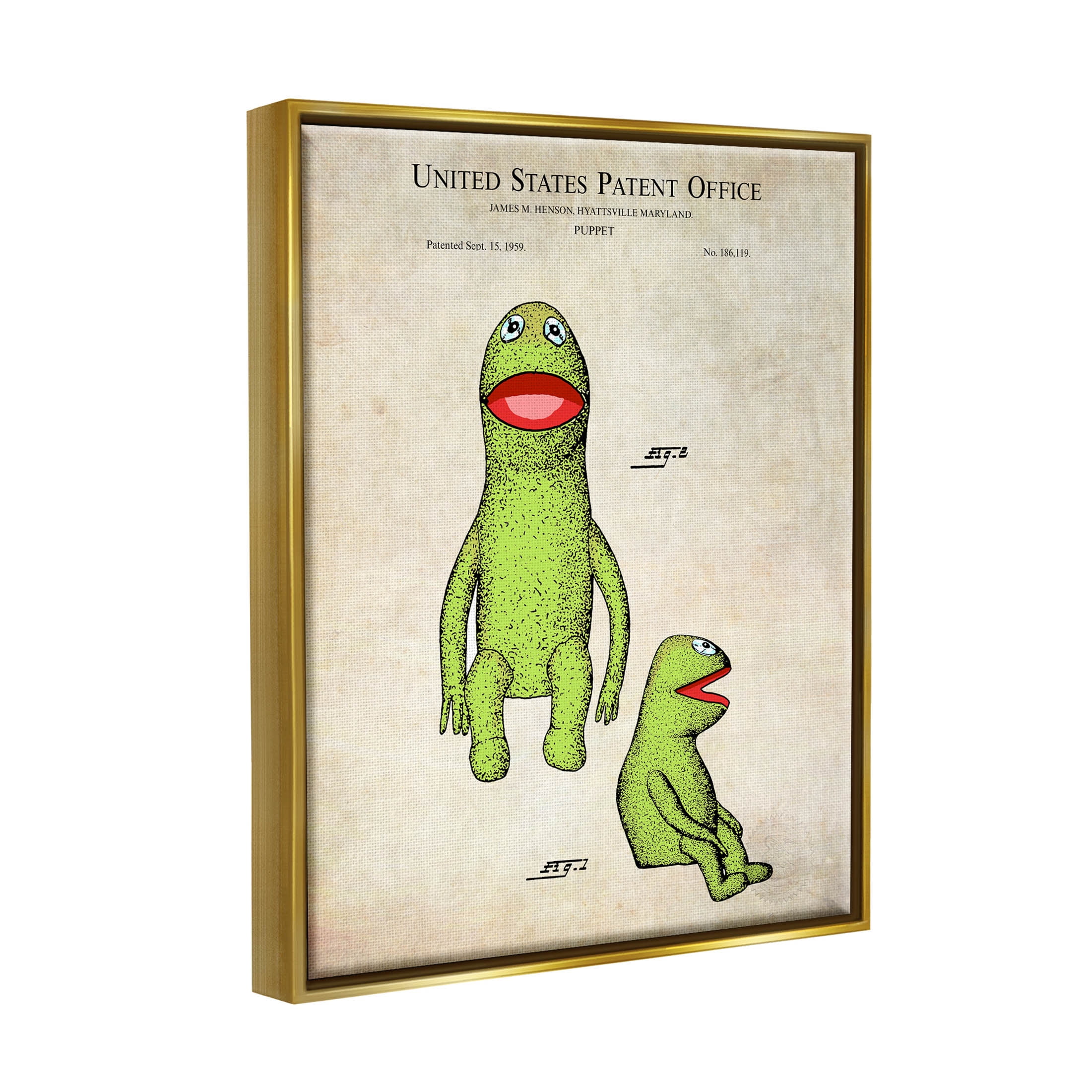 Stupell Industries Vintage Frog Character Puppet Graphic Art Metallic Gold Floating Framed Canvas Print Wall Art, Design by Karl Hronek