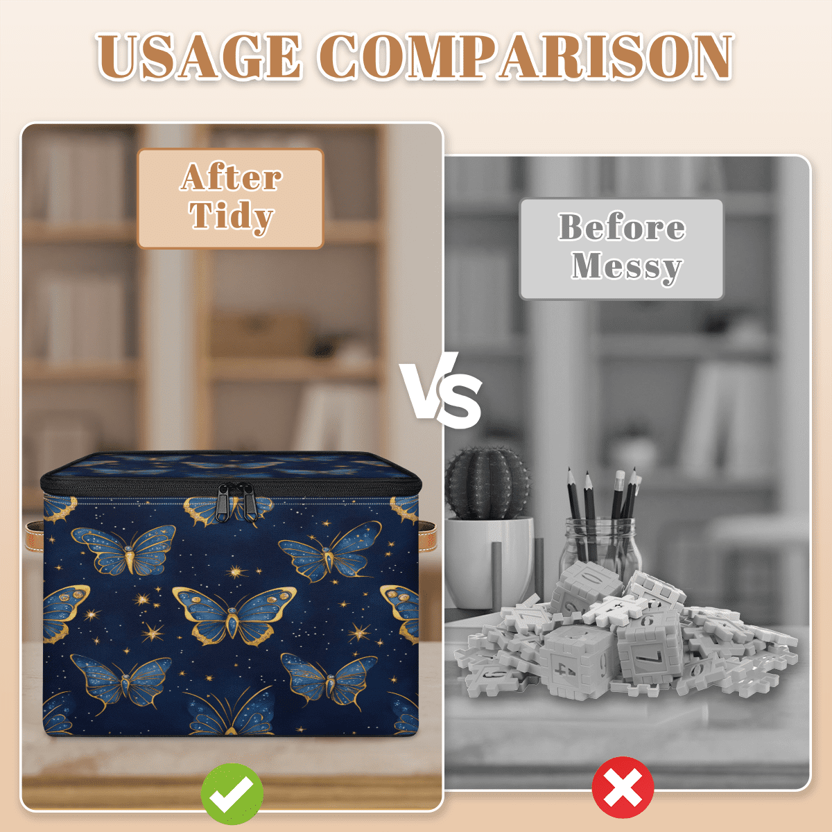 ADECORIVY Blue Gold Butterflies Storage Bin with Zipper Lid, Fabric Foldable Shelf Baskets Boxes, Closet Lidded Storage Bins, Decorative Clothes Organizer for Bedroom Home