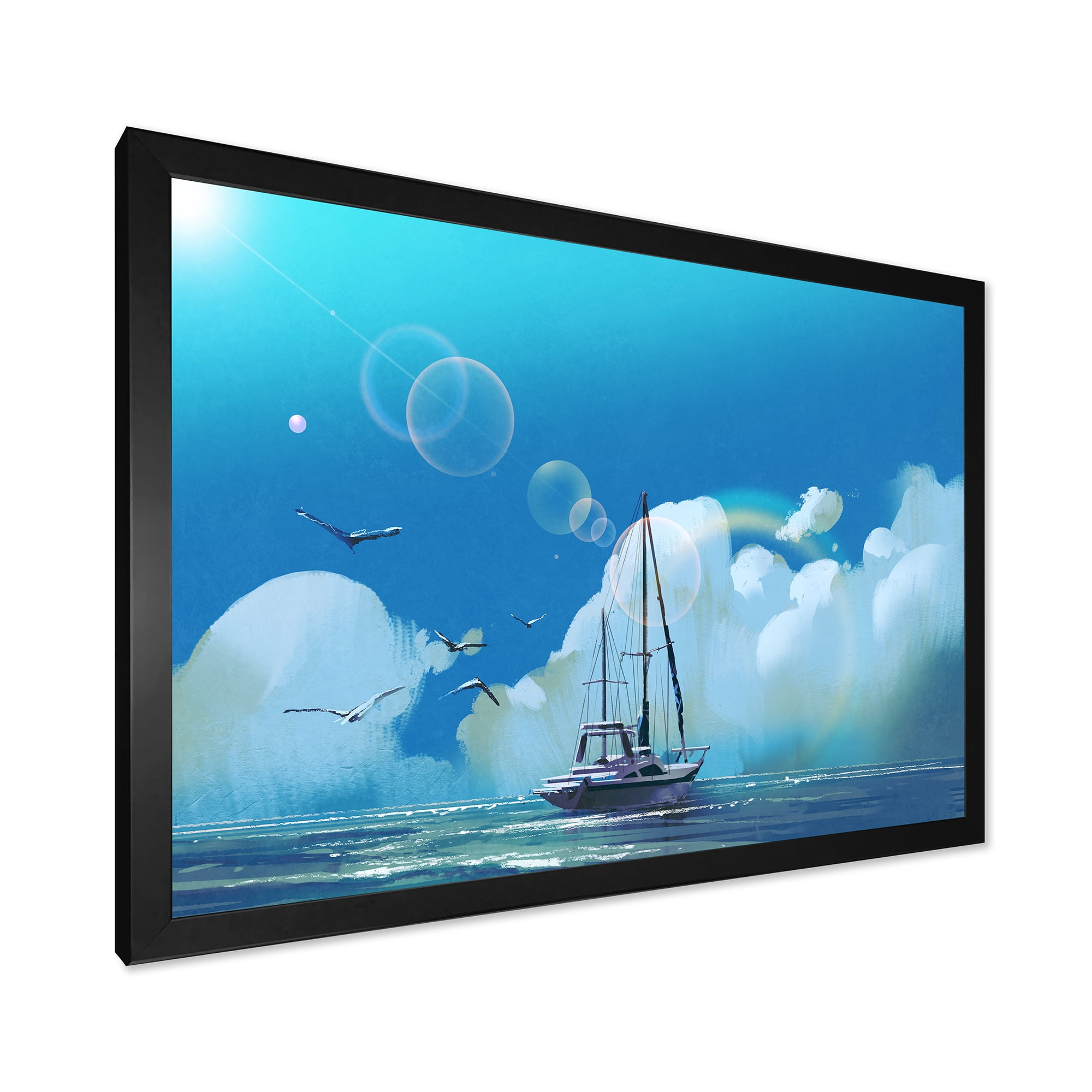 Designart 'The Sailboat On The Blue Sea Against Summer Clouds Sky' Nautical & Coastal Framed Art Print