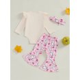 thumbnail image 6 of Baby Toddler Girl Halloween Outfits 0 3 6 12 18 Months Letter Print Long Sleeve Romper with Pumpkin/Ghost Pattern Flare Pants and Headband, 6 of 9