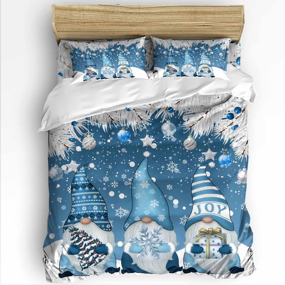 Blue Christmas Queen Size Comforter Set, Winter Dwarfs Snowflake Christmas Tree Ball Soft Bedding for All Seasons, 4 Pcs Bed Set with 1Comforter (90"x92") ,1 Sheet(94"x116"), 2 Pillowcases (19"x29")