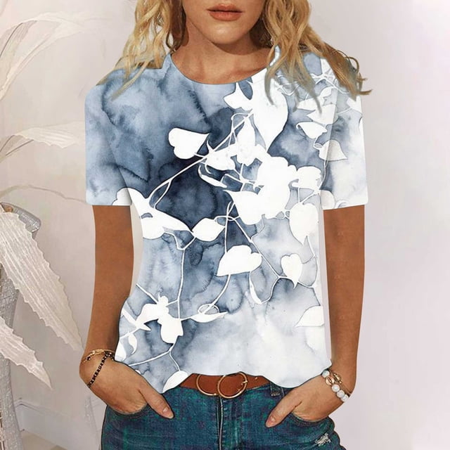 Fiudx Ofertas Flash Del Día Camiseta Holgada Estampada con Cuello Redondo y Manga Corta para Mujer