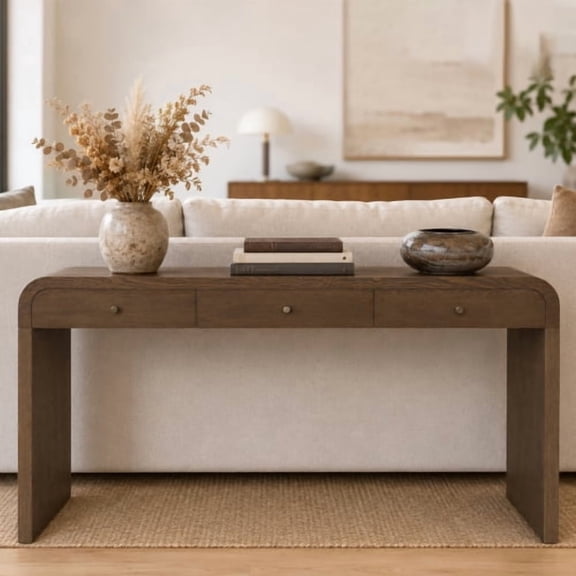 Console Table with 3 Drawers Entryway Sofa Table Curved Design Gold Pull Handles Storage Accent Table for Living Room Hallway Foyer Dark Brown 59"L x 13"W x 31.5"H
