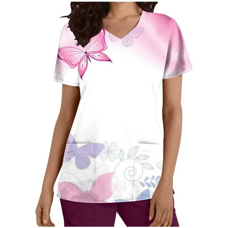 

JGGSPWM Women s Scrub Tops Professional Nursing Uniform T-shirts V Neck Short Sleeve Tees Casual Elegant Blouse Workwear Professional Floral Print White M