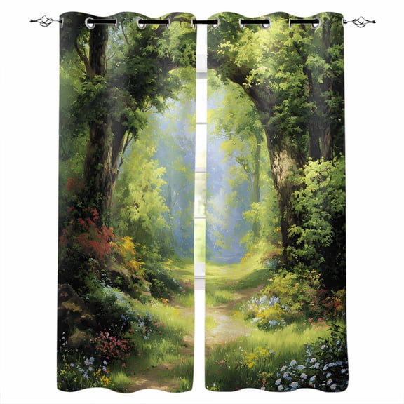 Forest Black Out Curtains 84 Inch Long for Living Room, Nature Woodland Spring Scenic Green Trees Flower Blackout Curtain Shade Thermal Insulated Window Curtains Grommet Drapes 42"x84" 2 Panels
