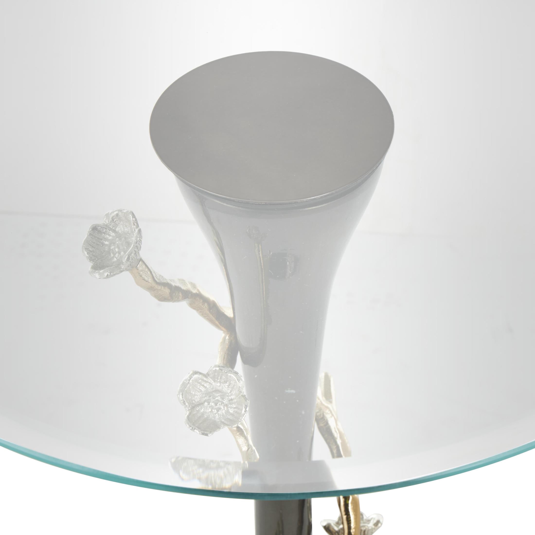 DecMode 18" x 23" Black Aluminum Metal Twisted Vine Floral Accent Table with Gold and Silver Accents and Glass Tabletop, 1-Piece
