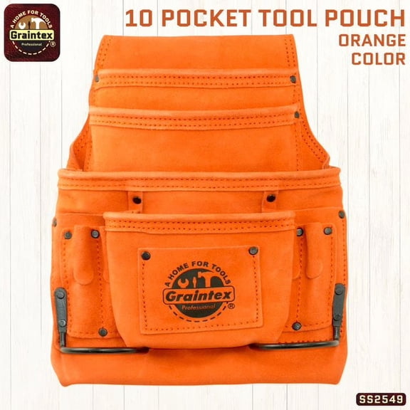 Graintex SS2549 :: 10 POCKET NAIL & TOOL POUCH ORANGE COLOR SUEDE LEATHER