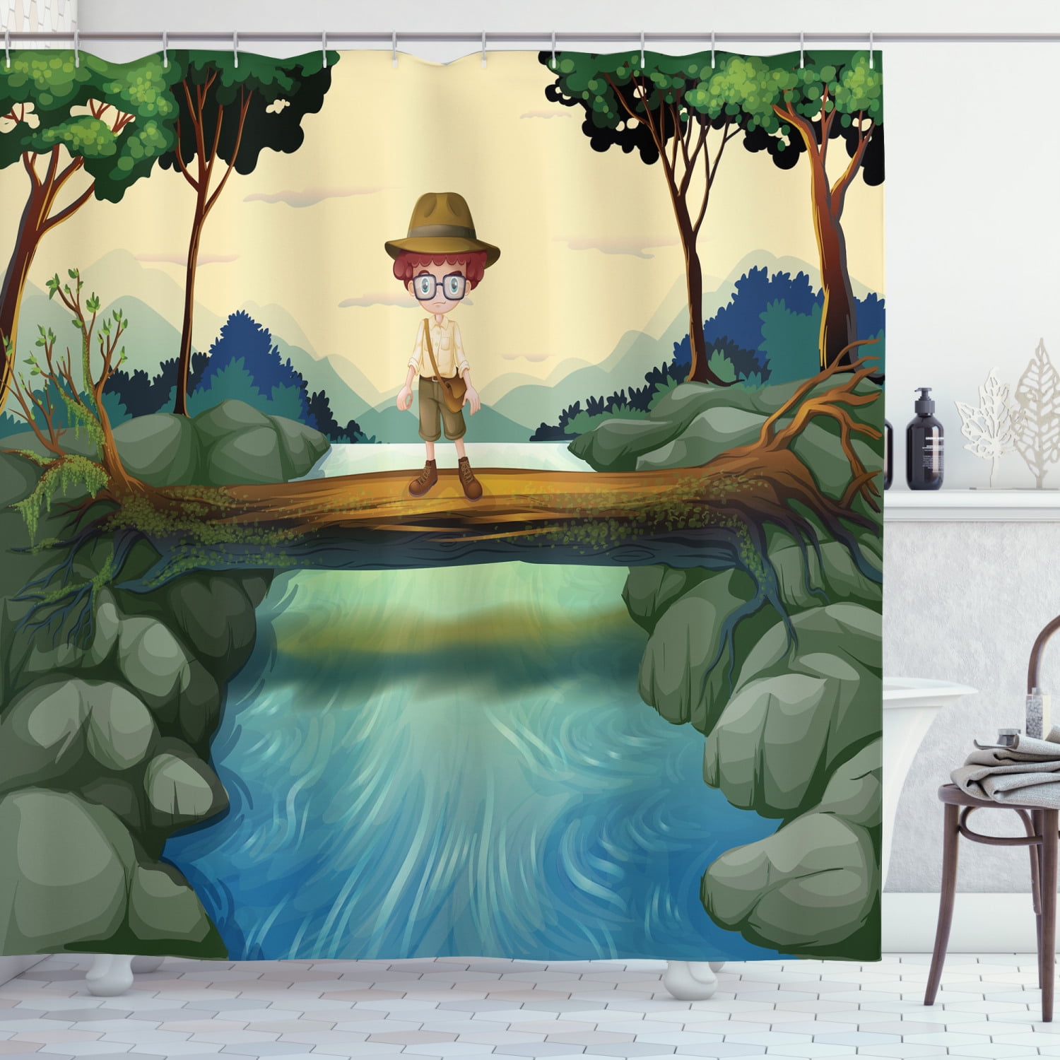 Boy Scout Shower Curtain, Adventurous Kid Standing above the Trunk at