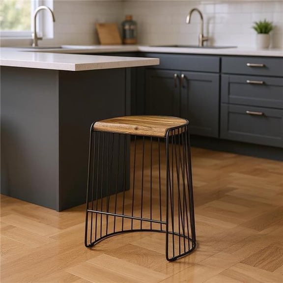 HomeRoots 605914 25.6 x 20 x 18 in. Natural & Black Solid Wood & Iron Backless Counter Height Bar Chair