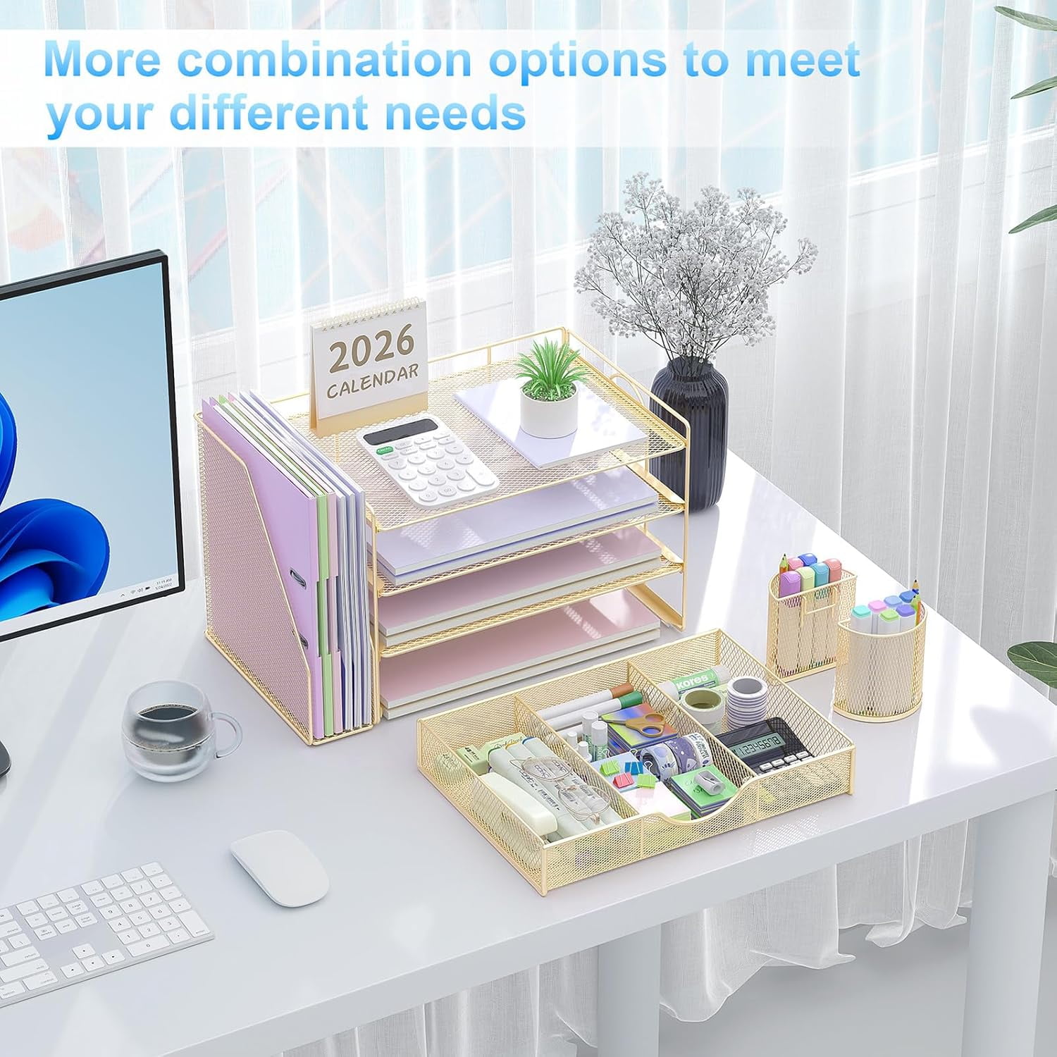 Desk Organizers and Accessories with File Holder, 4-Tier Desk Accessories & Workspace Organizers with Drawer and 2 Pen Holders, Paper Organizer for Office Supplies (Gold), gianotter