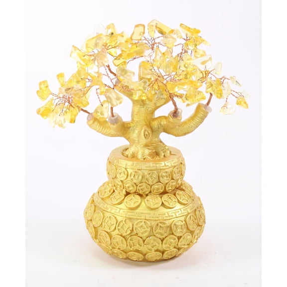 7" Feng Shui Yellow Crystal Money Tree Gold Coins Pot Lucky For Wealth Blessing