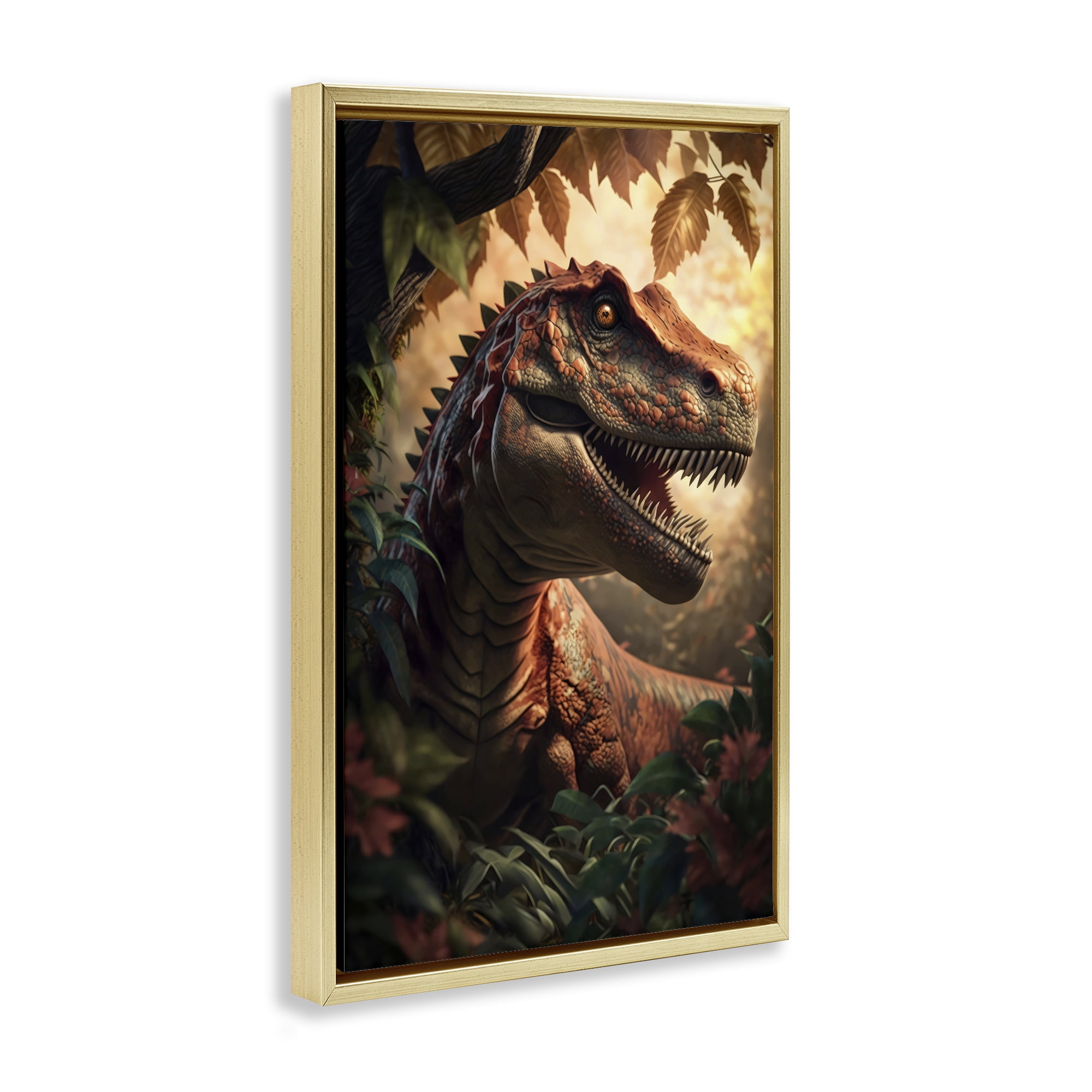Stupell Industries Jungle Raptor with Ancient Foliage Gold Framed Floater Canvas Wall Art, design by Creative Studio