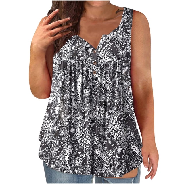LSLJS Débardeur Femme Été Imprimé Sans Manches Évasé Blouse Décontractée Tendance Tunique à Boutons, Camisole Femme