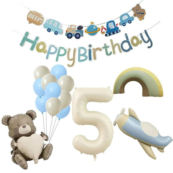 The birthday party balloon set includes number balloons, small bear balloons and airplane balloons.