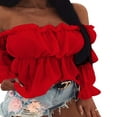 thumbnail image 2 of Women‘s Off Shoulder Ruffle Trim Puff Long Sleeve Tube Crop Blouse Shirt Top, 2 of 2