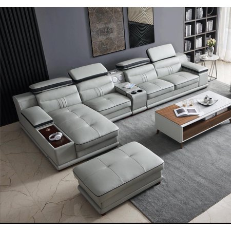 Light Grey Top-grain Leather Sectional Sofa Set 2P LEFT 908 ESF Contemporary