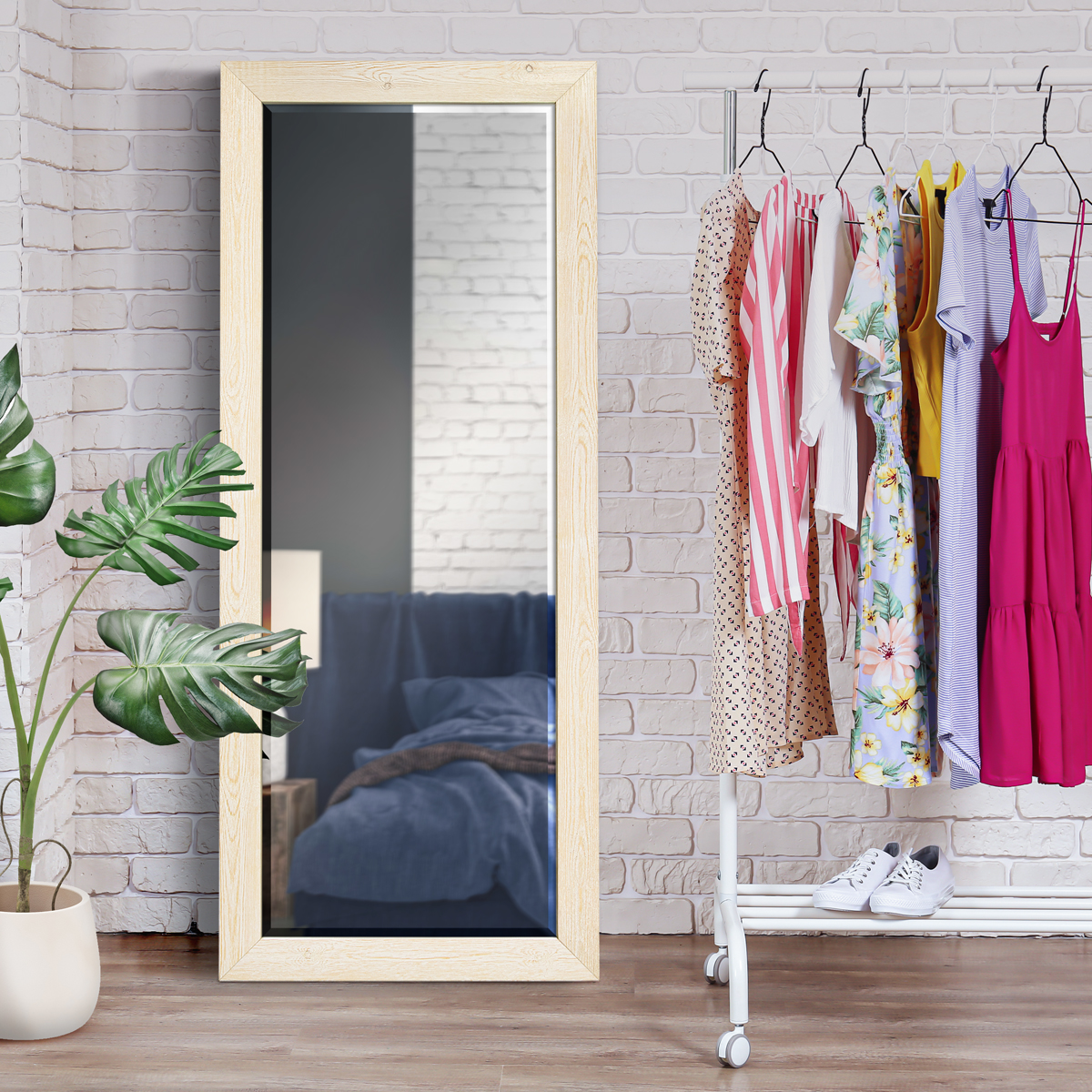 Beveled Edge Framed 25 in. W x 61 in. H Rectangle Wood Natural White Mirror