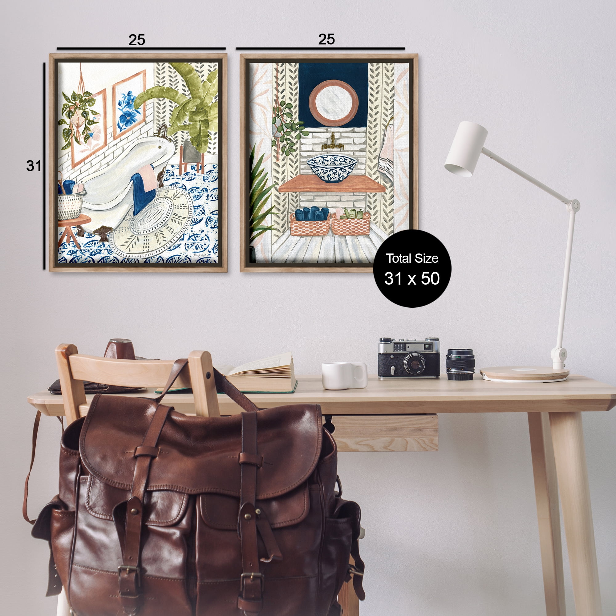 Stupell Industries Boho Chic Bathroom Bath & Laundry Painting Brown Floater Framed Canvas Art Print Wall Art, 31 x 25, Set of 2