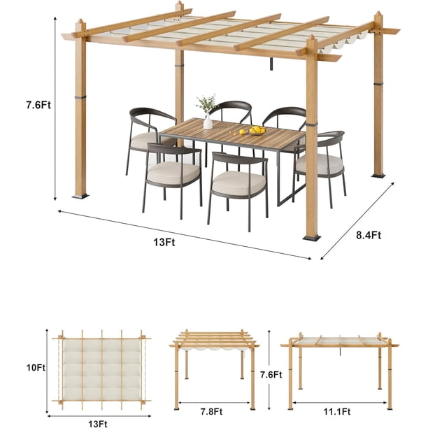 Historyli Pérgola retráctil de aluminio de 10 x 13 pies con toldo parasol, cenador resistente a la intemperie, color caqui con veta de madera