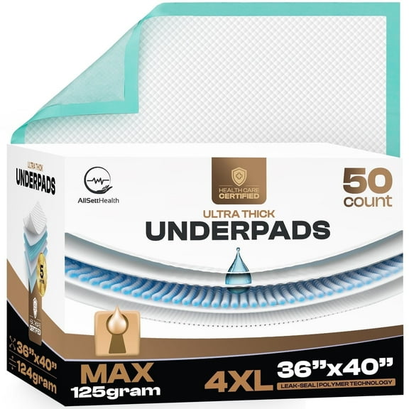 AllSett Health Incontinence Pads, 50 Disposable Underpads, 40" x 36", Super Absorbent, Unisex, 50 Count