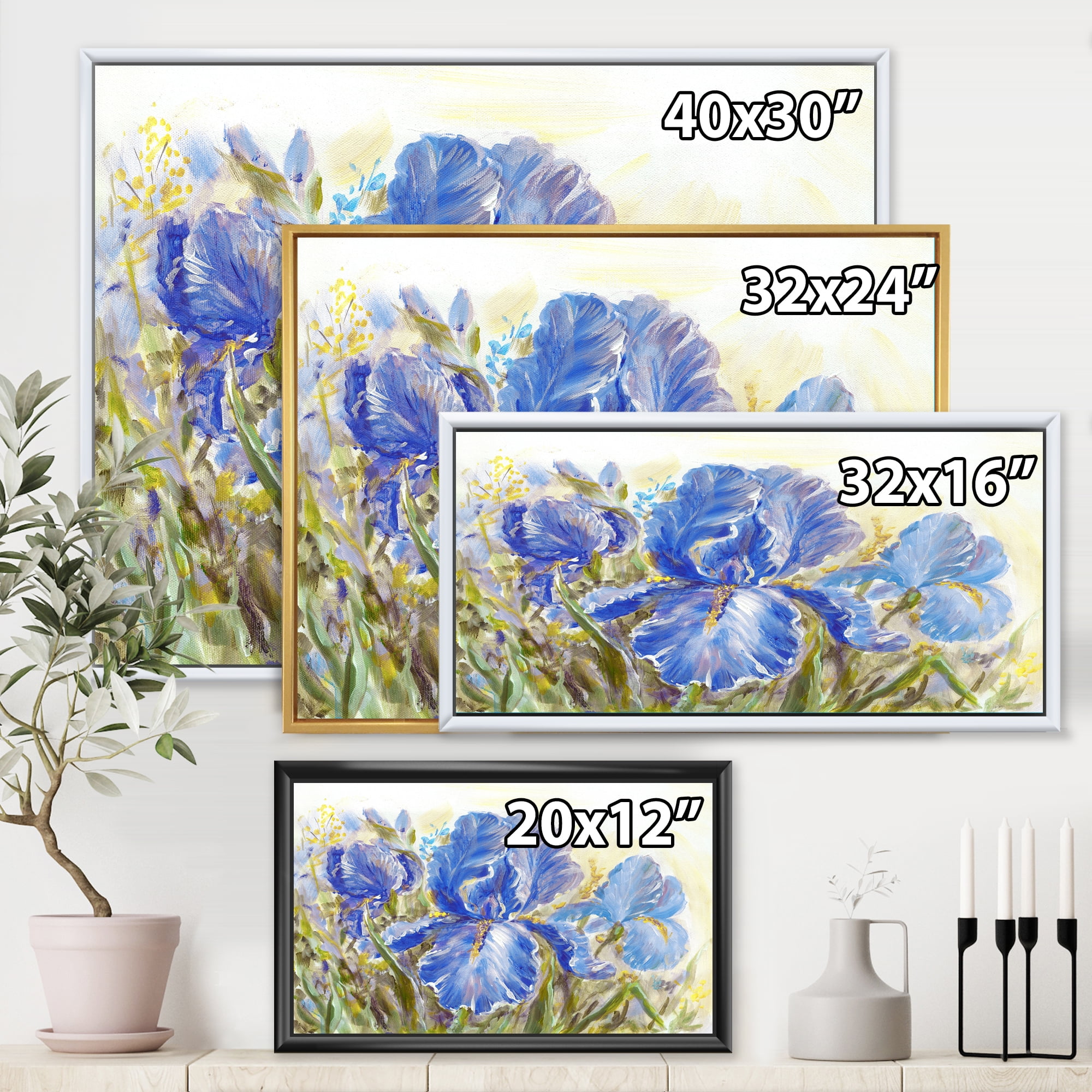 Designart 'Blue Irises Blossoming Flowers' Traditional Framed Canvas Wall Art Print