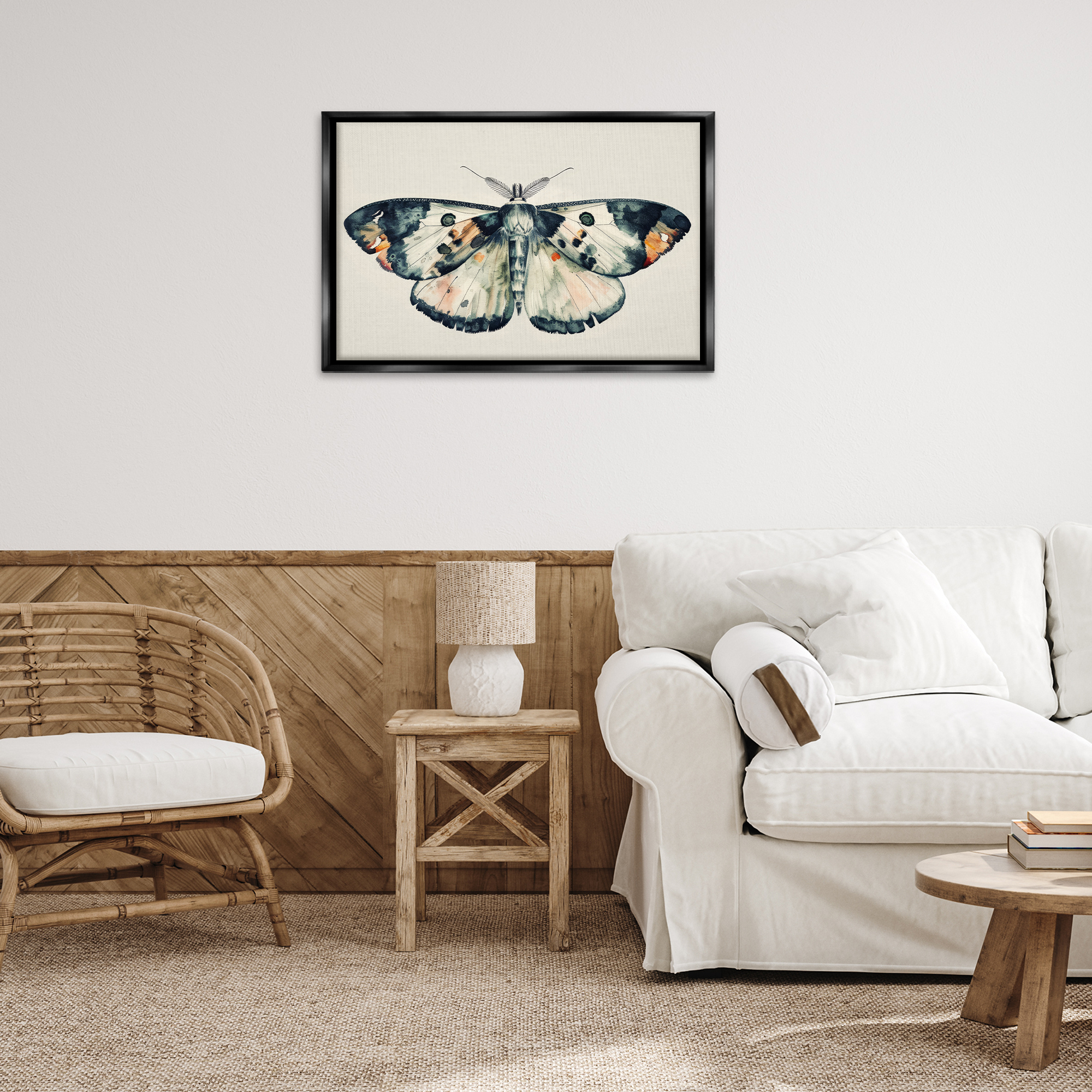 Stupell Industries Watercolor Black Trimmed Moth Animals Painting Black Floater Framed Canvas Art Print Wall Art, 31 x 21