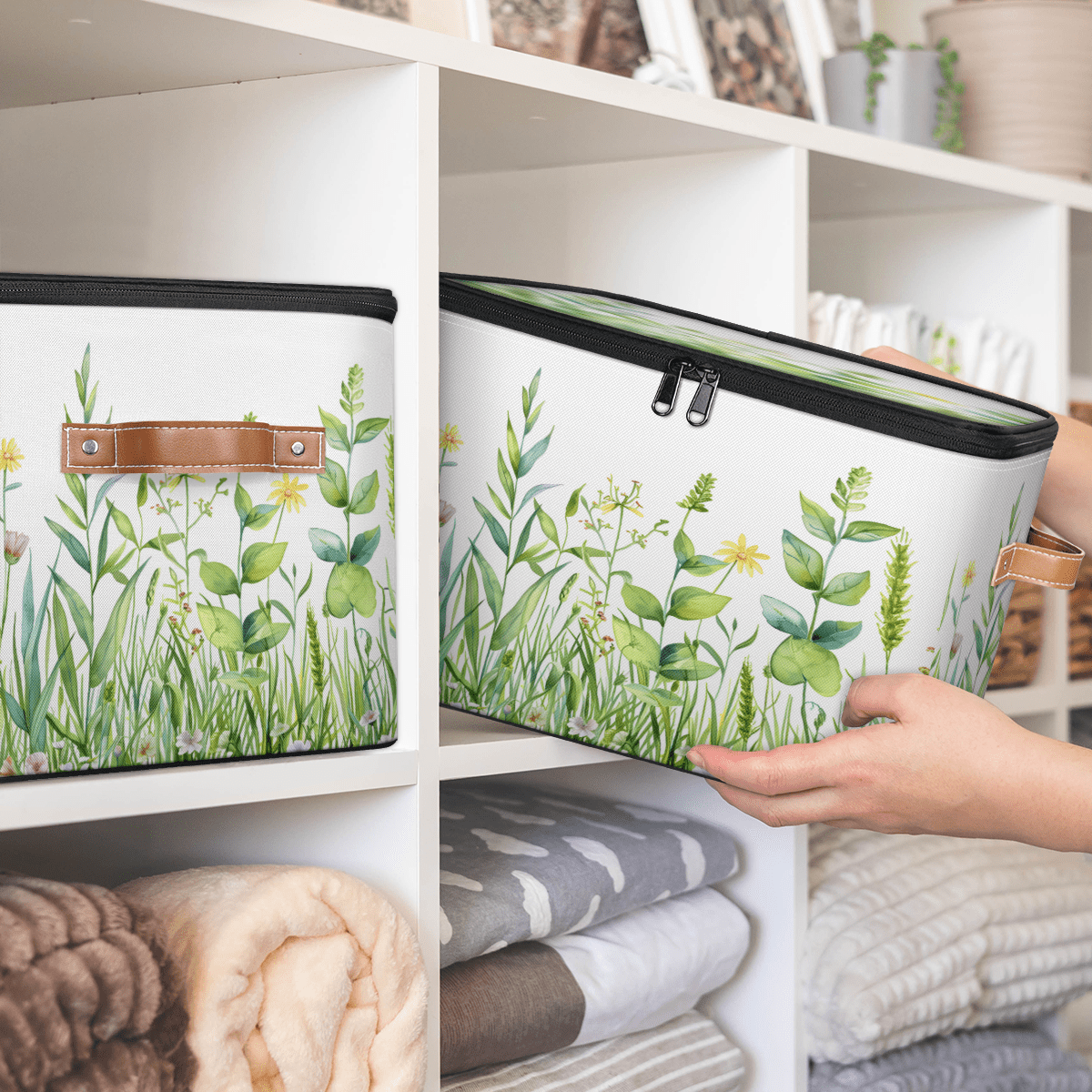 CURLYOOT Spring Floral Fabric Storage Bins with Lids, Farmhouse Summer Flowers Foldable Storage Boxes Washable Storage Cube, Closet Bedroom Home Organizer Containers with Handles