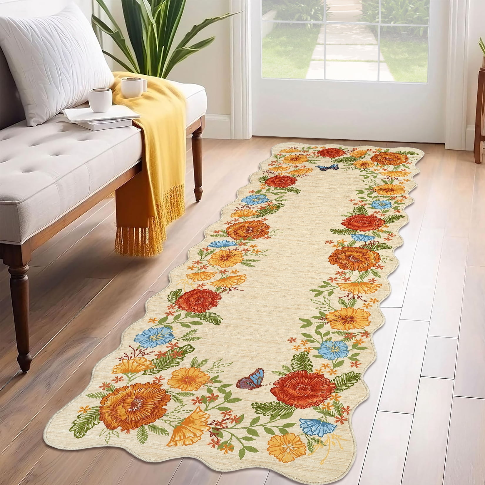 Garvee 2'x6' Area Rugs Washable Foldable Print Runner Rug, Non-Slip Low Pile Rug Distressed Indoor Floral Rugs for Hallway, Laundry Room Rug, Farmhouse Kitchen Mat, Yellow