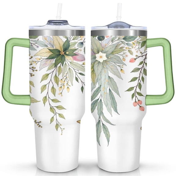 Green Leaves 40 Oz Tumbler with Handle Lid and Straw, Stainless Steel Double Walled Vacuum Insulated Cup, Cute Anniversary Wedding Birthday Gifts Tumbler for Women Men Friends Outdoor Indoor