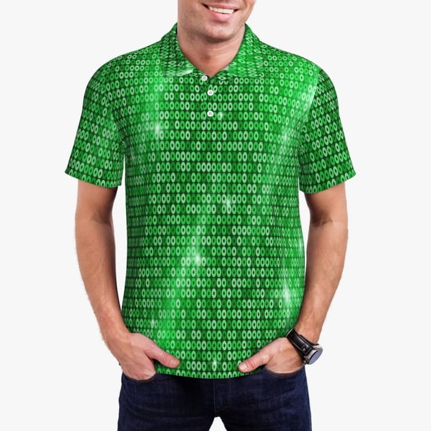 Balery Shiny round green sequins Camisa Polo de Hombre con Estampado, de Manga Corta y Tejido Medio, Camisa Tipo Golf Polo-Large