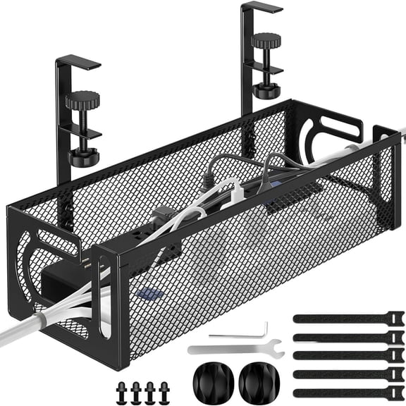 JOGGEIL Under Desk Cable Management Tray, Metal Mesh Desk Cable Organizer with Clamp Mount, No Drill Cable Raceway, Wire & Cord Storage Box for Office and Home