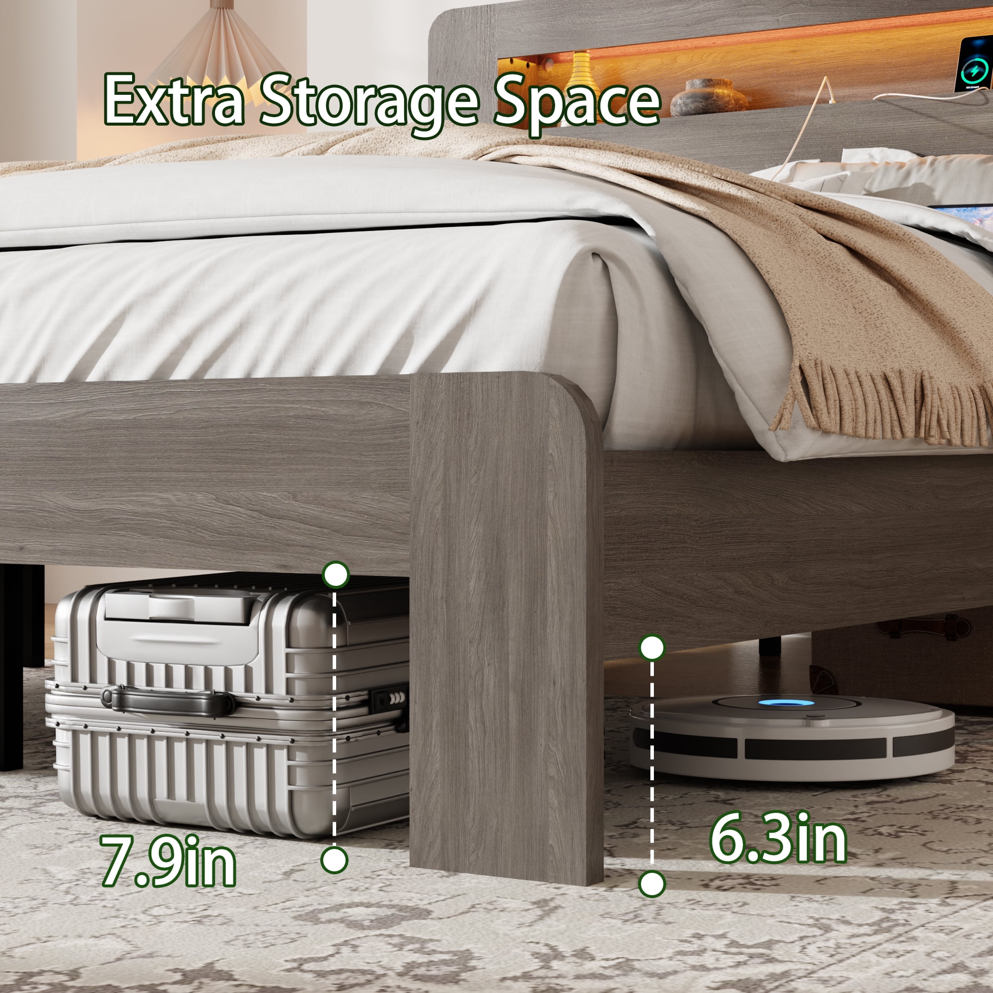 BSHTI Bed Frame with 2-Tier Storage Headboard, Wood Platform Bed Frame with Built-in Charging Station & LED, Queen Size, Vintage Grey, Platform Wood Bed for Bedroom