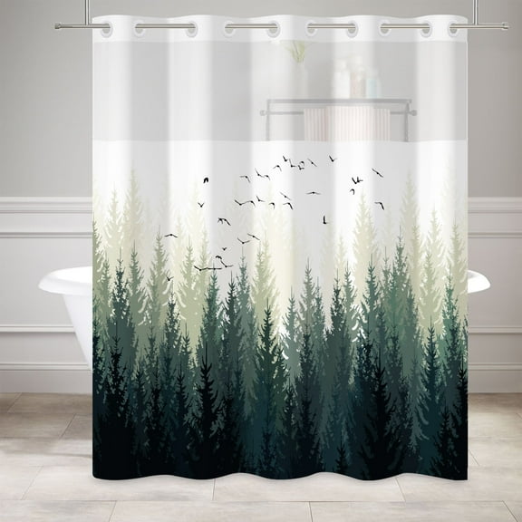 MIZHONA Green Shower Curtain with Snap in Liner,Nature Forest Fabric Bathroom Curtain,71"× 83"