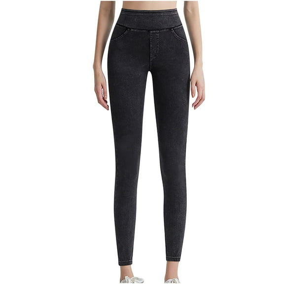UTSJKR Jean Leggings Yoga Pants for Women Elastic High Waist Slim Fit Tummy Control Skinny Stretchy Imitation Denim Pants Dark Gray XXL
