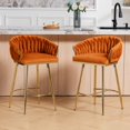 thumbnail image 2 of 26" Counter Height Bar Stool, Velvet Upholstered with Hand-Wave Back, Golden Chrome Base & Footrest, Modern Kitchen Island Stool, Orange, 2 of 8