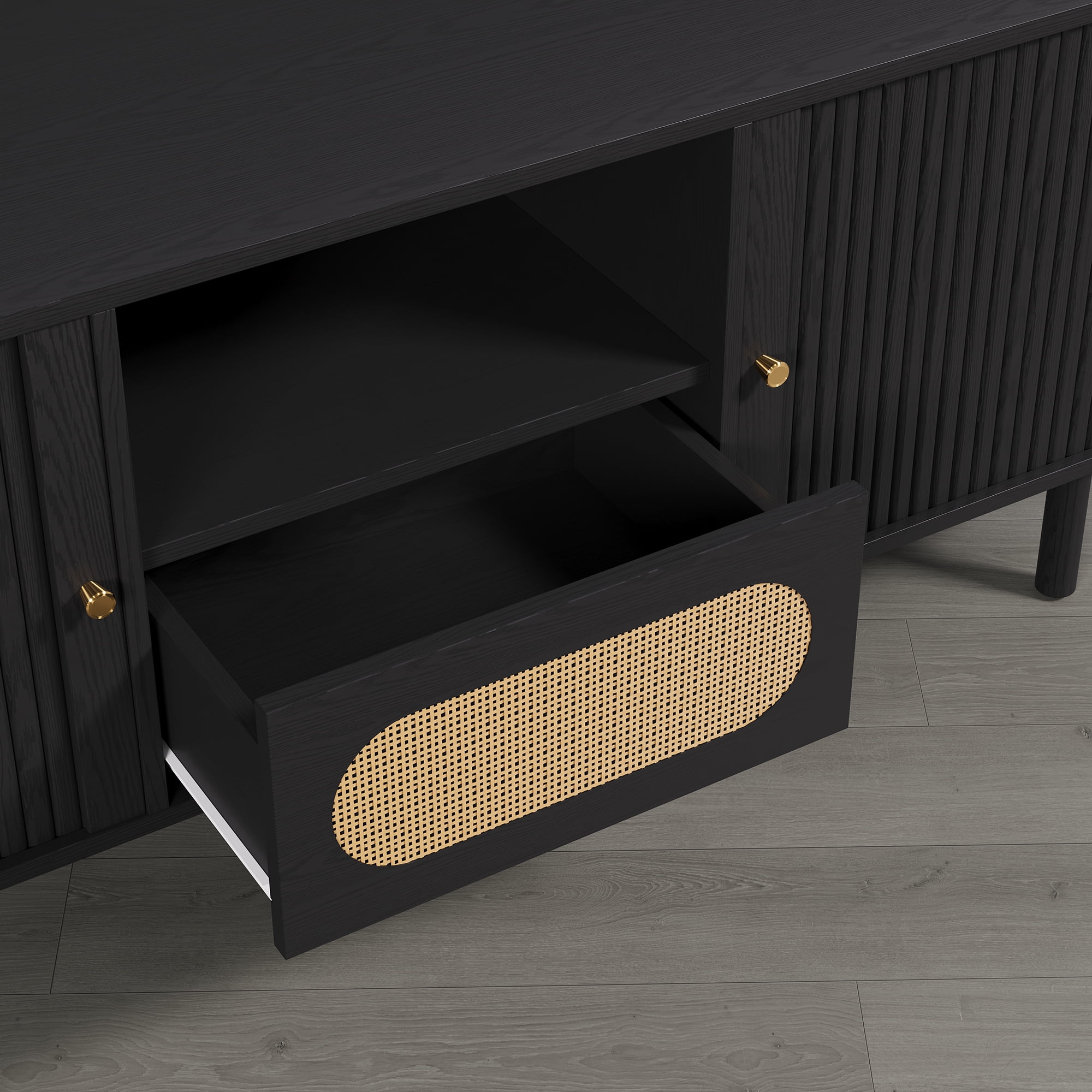 Spruce & Spring Tambour TV Stand with Power Outlet, Mid-Century Modern Entertainment Center, Rattan Drawer & Fluted Sliding Doors, Solid Wood Legs & Cable Management, for TVs up to 70 Inch