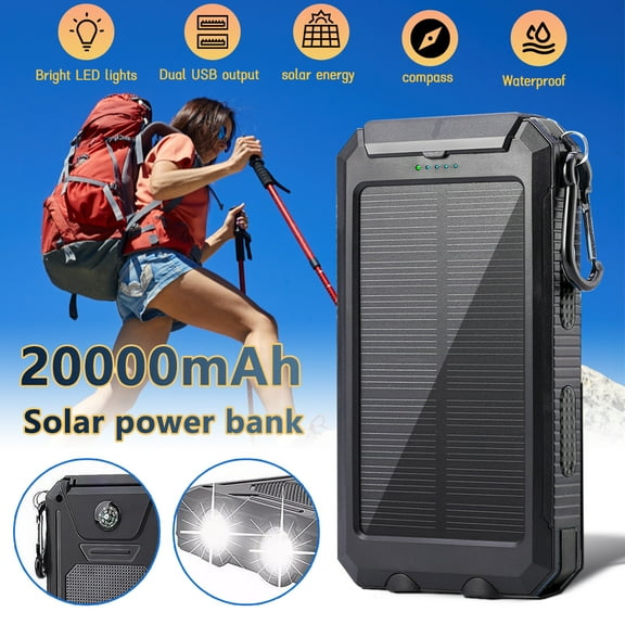 Solar Power Bank, DFITO 20000mah Portable Charger, Camping External Backup Battery Pack Dual 5V USB Ports Output, 2 Led Light Flashlight with Compass, Black