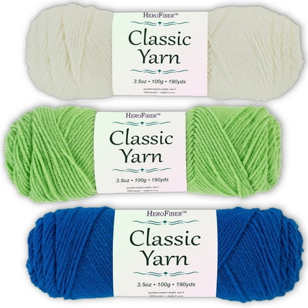 Soft Acrylic Yarn 3-Pack, 3.5oz / ball, White Coconut + Green Lime + Blue Skipper. Great value for knitting, crochet, needlework, arts & crafts projects, gift set for beginners and pros