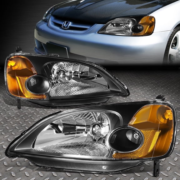 NUVISION for 01-03 Honda Civic OE Style Black Housing Amber Corner Headlight Head Lamps