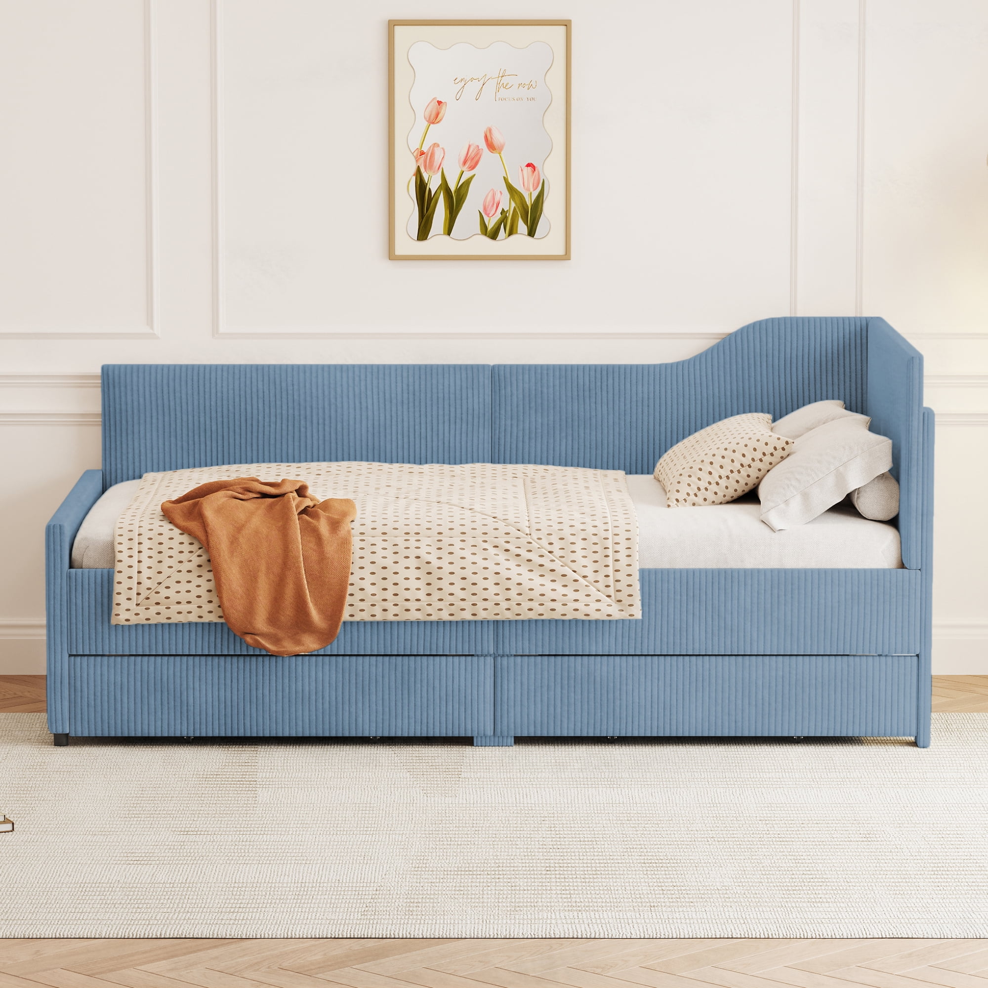 Euroco Upholstered Twin Size Daybed, Sofa Bed with 2 Drawers for Living Room, Blue